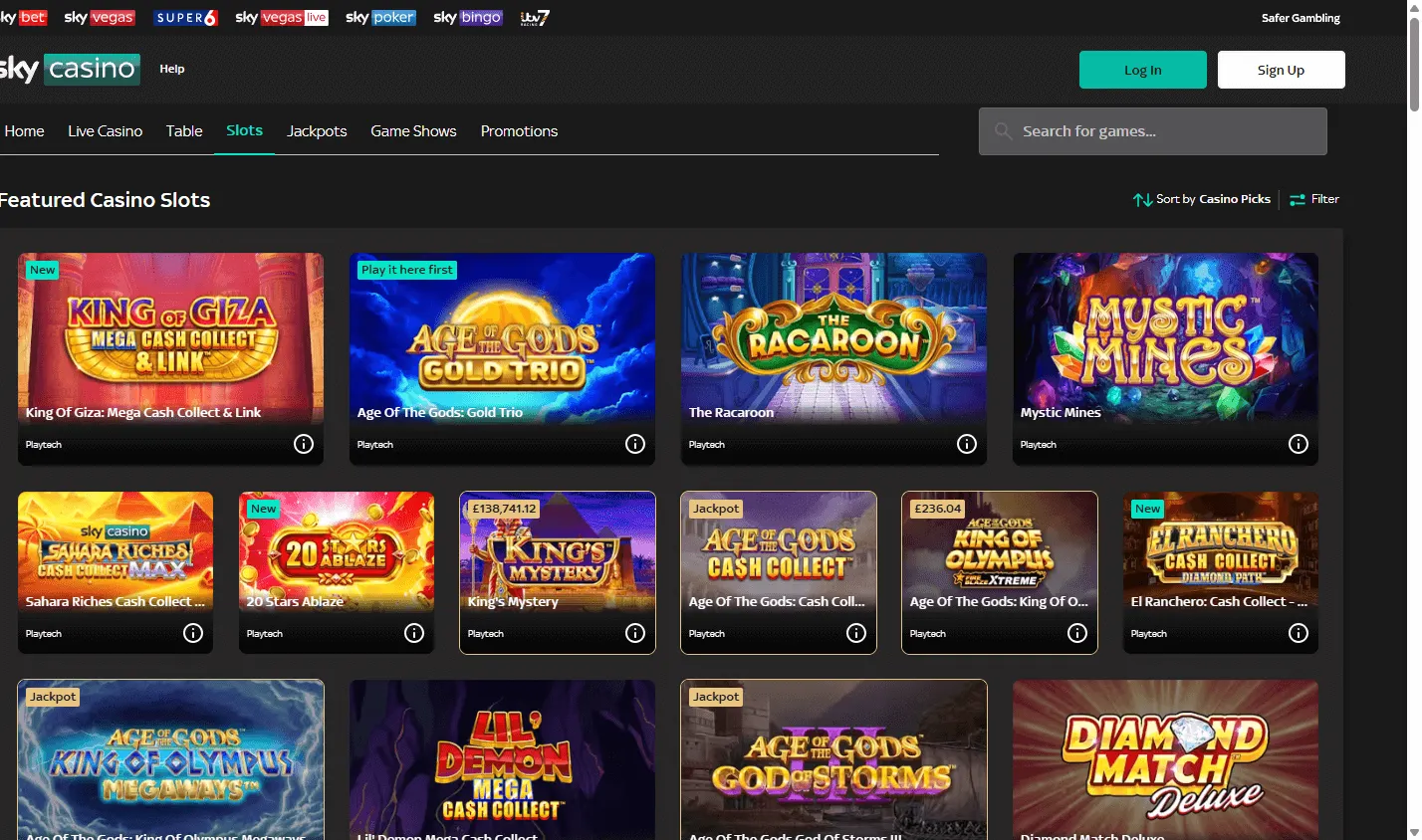 Sky Casino desktop casino games area